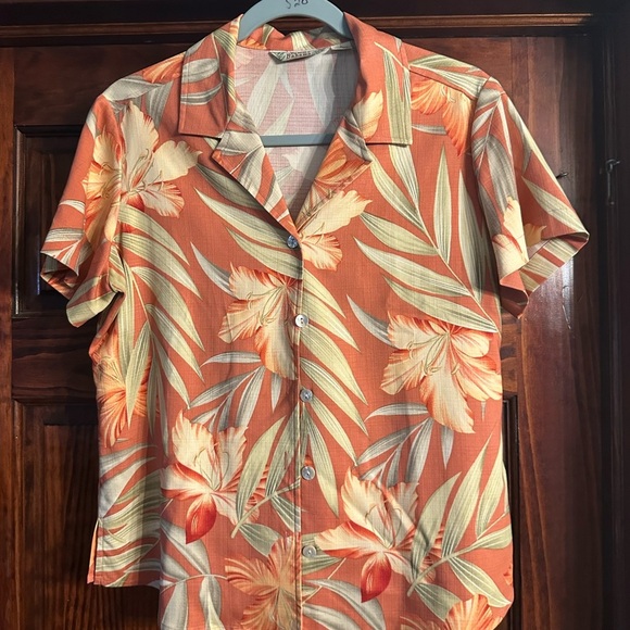 Tommy Bahama Orange and Cream Floral Shirt. Silk - Picture 1 of 4